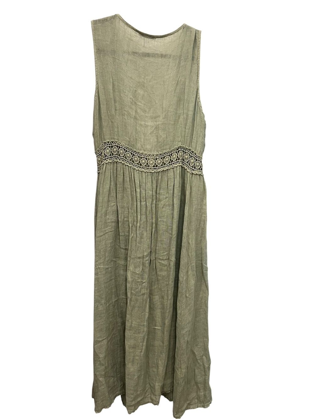 Francesca Bettina 100% linen sage long sleeveless duster with lace detail & tie - Picture 2 of 8